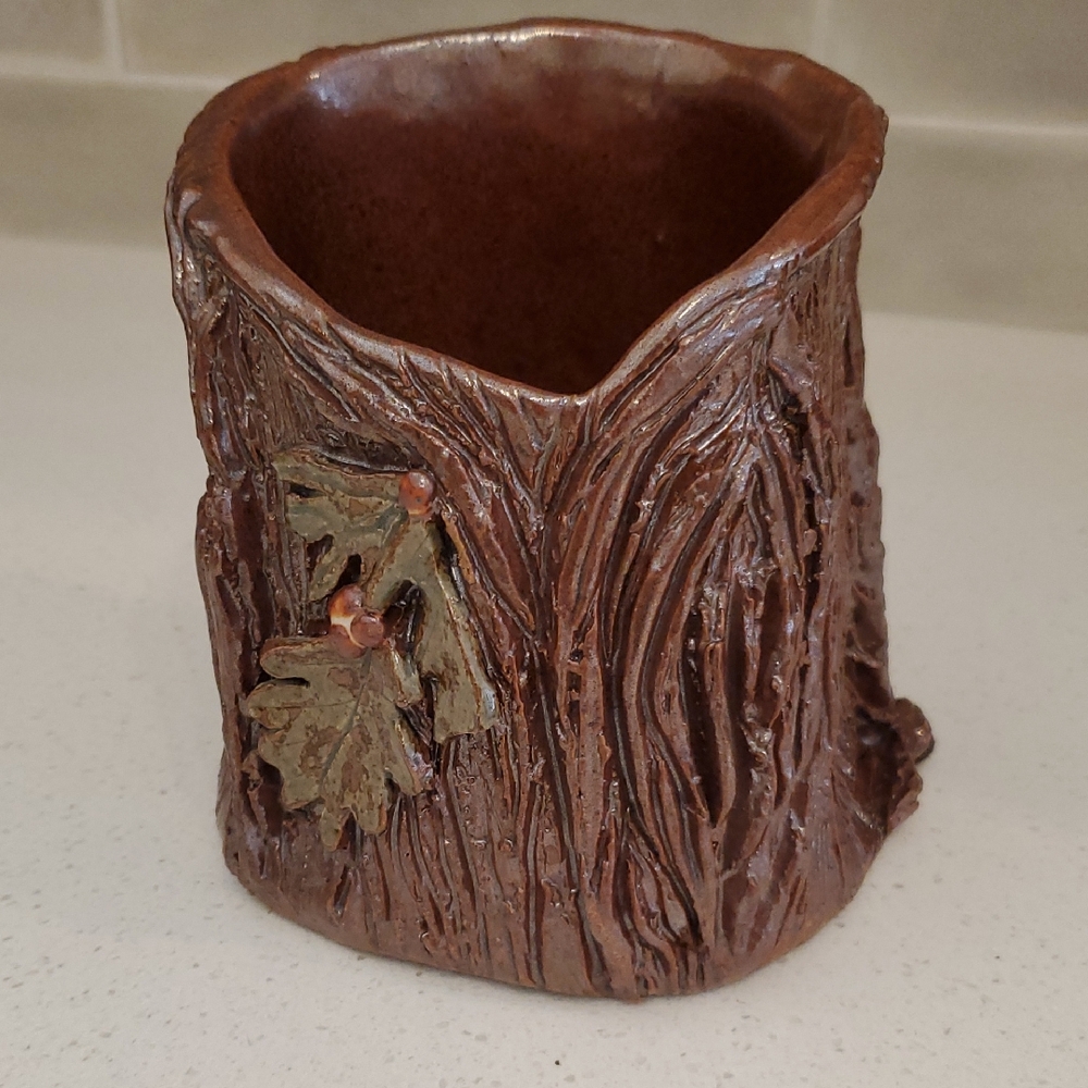 Tree Stump Planter with Leaf Sined by Artist